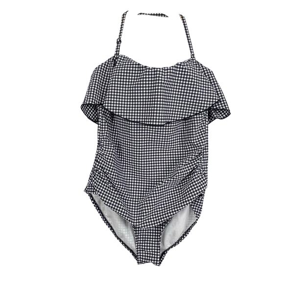 Kona Sol Gingham Ruffled Neck Multi Strap Padded Ruched One Piece Swim Suit L - Picture 2 of 14